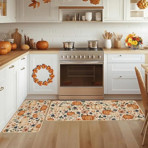 Baccessor Pumpkin Fall Kitchen Mats Set of 2, Vintage Kitchen Rugs for Floor Low-Profile Fall Thanksgiving Home Decor 17x29 and 17x47 Inch