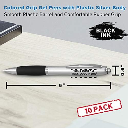 DISCOUNT PROMOS Custom Colored Grip Gel Pens Set of 10, Personalized Bulk Pack - Great for Office, School, Business, Tradeshows, Events - Black