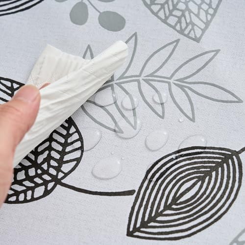 LIBERECOO Monochrome Leaf Whisper Vinyl Tablecloth with Flannel Backing Elegant Black & White Leaf Design Waterproof, Durable, Lightweight 54x72 Inch