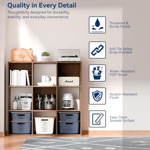 Whitmor 9 Cube Storage Organizer, Open Storage Display Bookshelf, Storage Cabinet for Living Room, Bedroom, Home, Office, Walnut