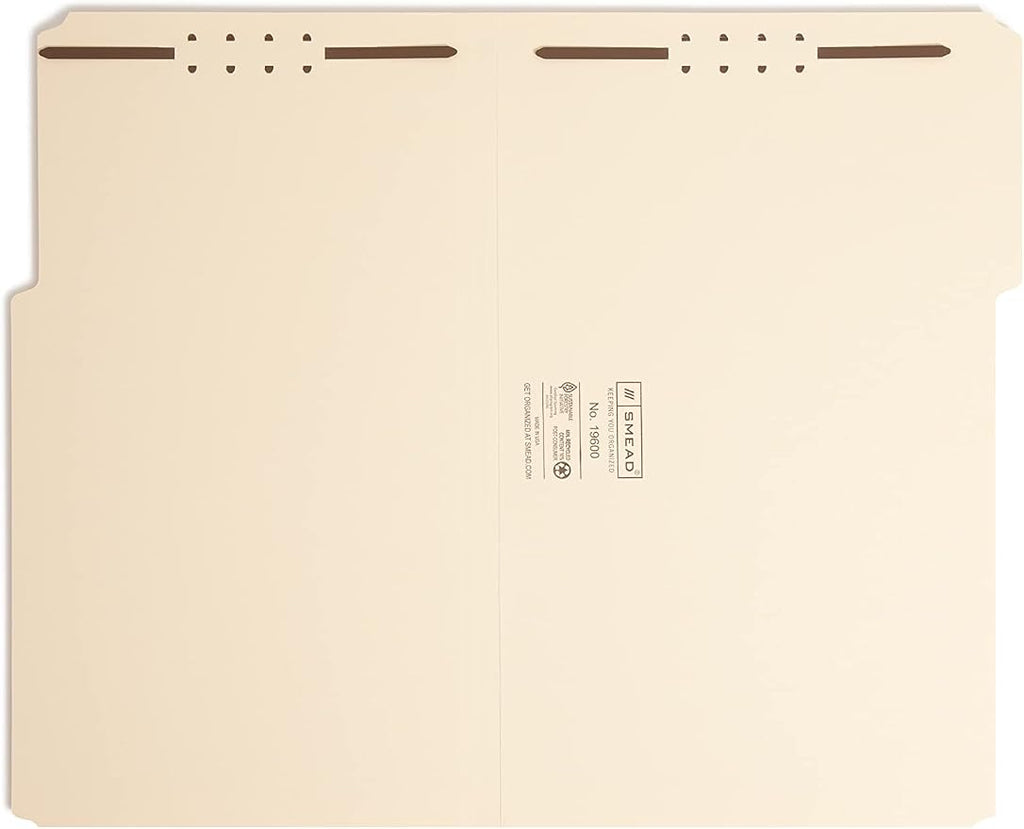 Smead Heavy-Duty Fastener File Folder, 2 Fasteners, 1/3-Cut Tab, Legal Size, Manila, 50 per Box (19600)