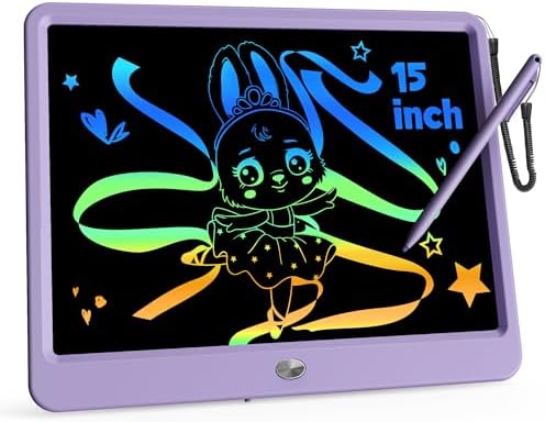 KOKODI 15 Inch LCD Writing Tablet with Anti-Lost Stylus, Erasable Doodle Board Colorful Toddler Drawing Pad, Car Travel School Games Toys for 3 4 5 6 7 8 Kids, Birthday Gift for Girls Boys Purple