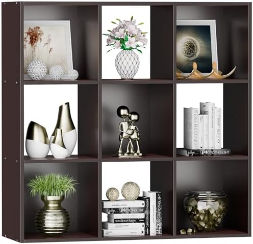 SUPER DEAL 9 Cube Storage Organizer, 3 Tier Bookshelf Open Shelf Display Rack with 5 Removable Back Panels Wood Bookshelf System for Home, Office, Bedroom, Living Room, Dark Brown