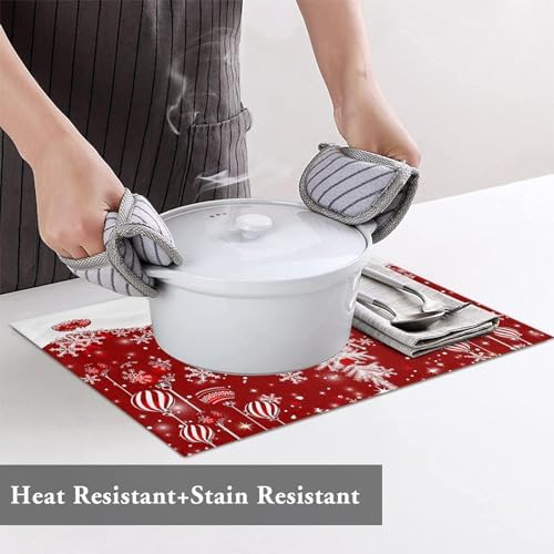 Red Christmas Placemats Set of 6, White Xmas Tree Snowflakes Red Balls Heat Resistant Washable Table Place Mats Winter Cotton Table Linens Party Holiday Decor for Kitchen Dining Outdoor Indoor