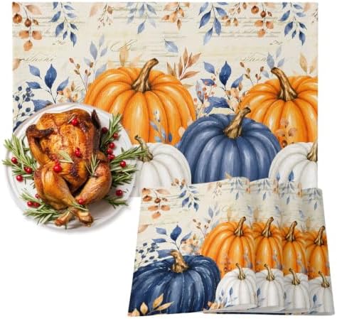 Fall Thanksgiving Placemats, Orange Navy Blue Pumpkin Heat Resistant Washable Dining Table Mats Fall Holiday Farmhouse Decor for Kitchen&Linens Outdoor Indoor, Harvest Autumn Leaves