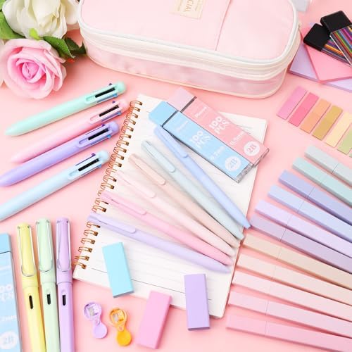 80Pcs Aesthetic School Supplies with Cute Pencil Case, 12 Pastel Highlighters, 4 Multicolor Ballpoint Pens, 6 Gel Pens with Refills, 10 Mechanical Pencils with Leads for Student Stationery Set(Pink)