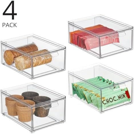 mDesign Stackable Storage Containers Box with Pull-Out Drawer - Stacking Plastic Drawers Bins for Kitchen Pantry and Cupboard, Cabinet, Counter, Island and Tables - Lumiere Collection - 4 Pack - Clear
