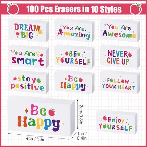 100 Pcs Back to School Inspirational Pencil Erasers for Kids Bulk