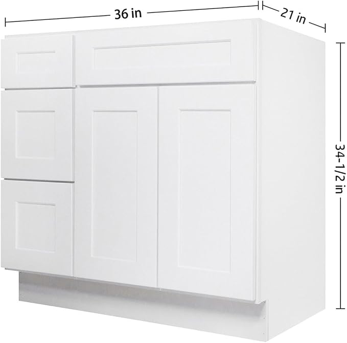 Furinno Shaker Left 3-Drawers Bath Vanity Cabinet, 2-Door, White | 21 D x 36 W x 34.5 H, Adjustable Hinges, Soft-Close Shaker-Style Door, Ready to Assemble, Plywood, for Bathroom, Washroom
