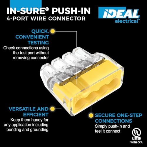 Ideal Electrical in-Sure Push-in Wire Connector, 4-Port (30-1034J), Jar of 200—Color Coded No-Twist Connectors for Solid and Stranded Wires