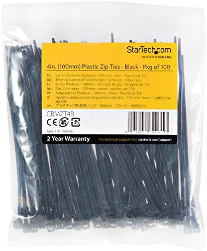 StarTech 4"(10cm) Cable Ties, 94V-2/UL Listed, Black, TAA (CBMZT4B)