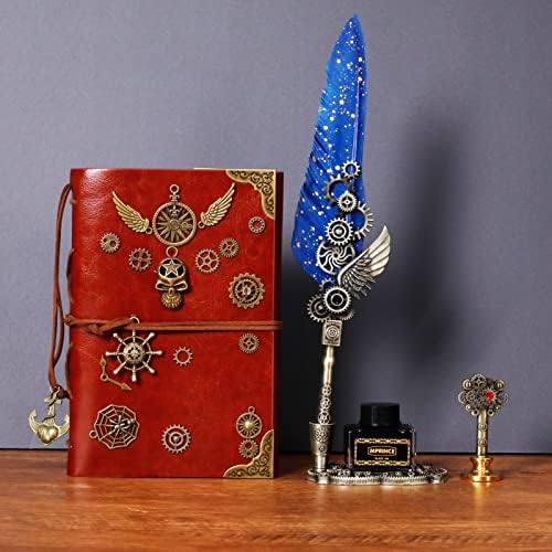 Aifeiter Quill Pen Ink Set Leather notebook With Quill Pen,Notebook,5 Replaceable Nibs,Seal Stamp,Spoon,Wax Beads,White Wax,Ink,Pen Holder,Cup,Envelope,Letter Paper,Envelope Tool(blue)
