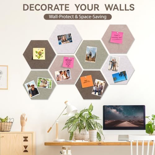 Hexagon Cork Board for Walls Decor, 8 Pack Felt Bulletin Board Tiles with 30 Pushpins, 50 Adhesive Tabs, 12" Pin Board Felt Board for Office & Home Classroom, Notes Photos and DIY Decor