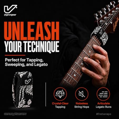 Gruv Gear Fret Wrap & Guitar Mute, Fretwrap for Acoustic, Electric & Bass | String Dampener Recording, Tapping & Practice Accessory (1 Pack, Extra Large Bandana Black, Fits 7-12 String Bass, Extended