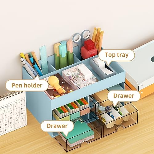 Marbrasse Pen Organizer with 4 Drawer, Multi-Functional Pencil Holder for Desk, Desk Organizers and Accessories with 4 Compartments + Drawer for Office Art Supplies (Blue)