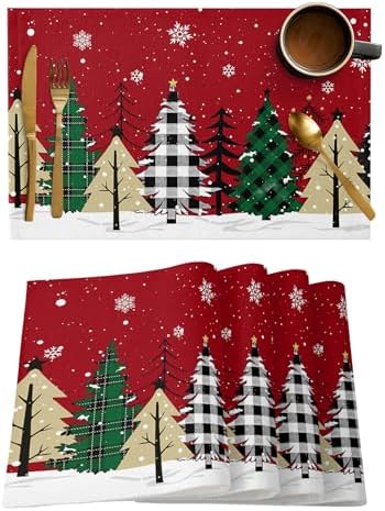 Red Merry Christmas Placemats Set of 4, Green Christmas Tree Heat Resistant Washable Table Place Mats White Snow Forest Winter Cotton Table Linens Party Holiday Decor For Kitchen Dining Outdoor Indoor