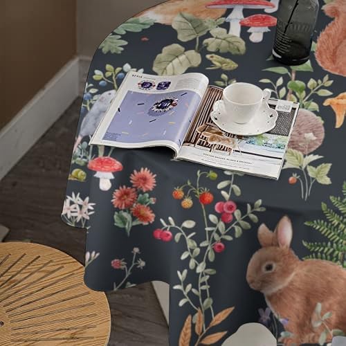 Watercolor Forest Tablecloth, Rustic Woodland Animals Squirrel Rabbit Fox Wild Flower Mushroom Leaves Print Table Cloth Cover for Kitchen Dining Indoor Outdoor Decor, 70x70in