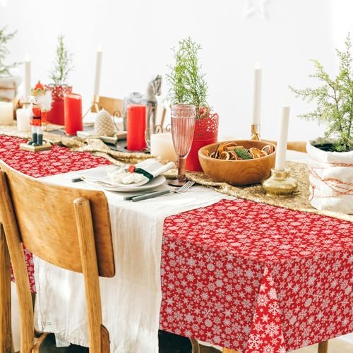 CXPSINC 54 Inch X 100 Feet Plastic Table Cover Roll Disposable Tablecloth with Slide Cutter for All Type/Shape Tables | Party, Banquet, Birthdays, Weddings(Christmas Red Snowflake, 100 Feet)