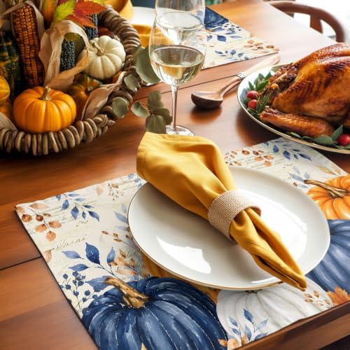 Fall Thanksgiving Placemats, Orange Navy Blue Pumpkin Heat Resistant Washable Dining Table Mats Fall Holiday Farmhouse Decor for Kitchen&Linens Outdoor Indoor, Harvest Autumn Leaves