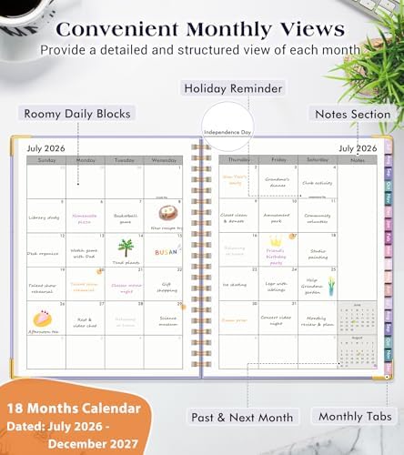 Academic Planner 2026-2027, 18 Months Weekly and Monthly Hardcover Planner, July 2026 - December 2027, 8.5" x 11" A4 Large Daily Calendar Planner Book with Tabs, Spiral College School Agenda Organizer for Student Teacher, Purple