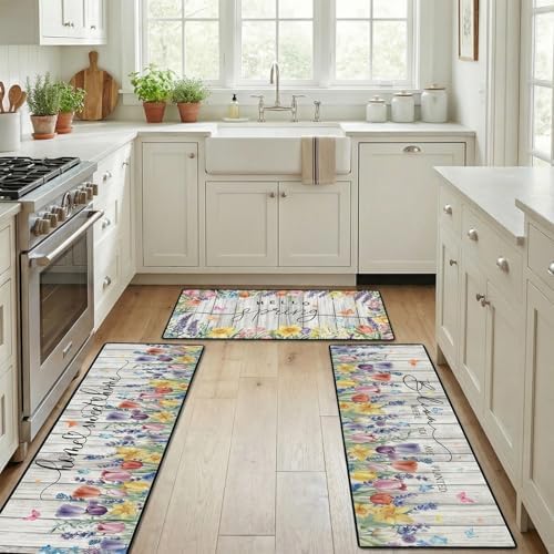 Hello Spring Kitchen Rugs, Tulip Lavender Floral Kitchen Mats