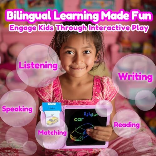 Writing Tablet with Bilingual Flash Cards for Kids, Arabic, Pink