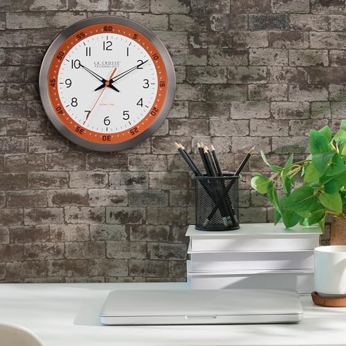 La Crosse Technology 404-87696-INT 10 inch Orange Chapter Ring Stainless Steel Atomic Analog Wall Clock