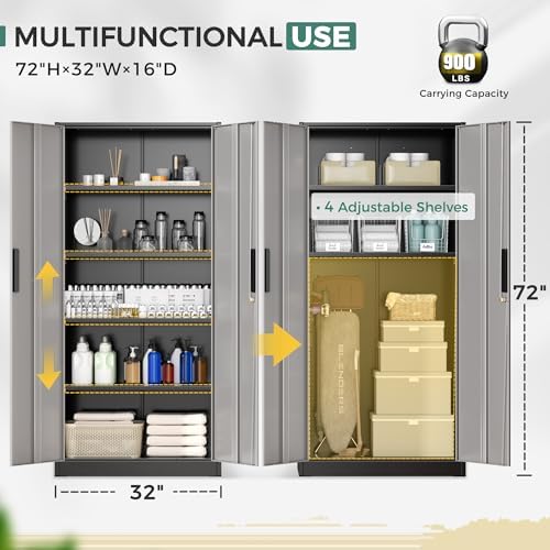 Greenvelly Metal Garage Storage Cabinet with Lock, 72”Metal Storage Cabinet with 2 Doors and 4 Adjustable Shelves, Steel Tool Cabinet for Garage,Home Office, School,Gym (Black Grey)