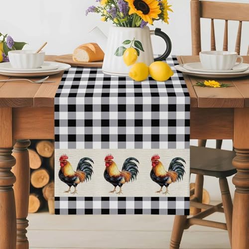 Farm Animals Chicken Table Runner Dresser Scarf 13 x 72 Inch Black White Buffalo Plaid Linen Table Runners Non-Slip Heat Resistant Kitchen Dining Table Decor for Home Holidays Indoor Outdoor