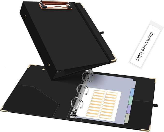 Ospelelf Mini 3 Ring Binder 1 Inch, Cute Binder for 5.5" x 8.5" with 5 Tab Dividers, File Folder Labels and Low Profile Clipboards, Black Binder for School Supplies and Office Supplies