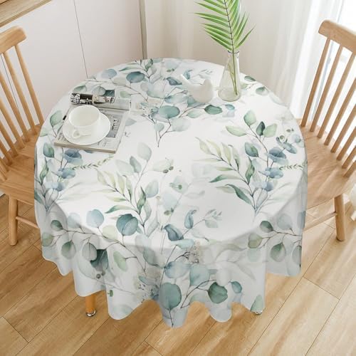 Green Eucalyptus Tablecloth, Watercolor Floral Spring Botanical Plants Herb Sage Print Table Cover for Home Kitchen Dining Table Party Camping Decor, 70x70in
