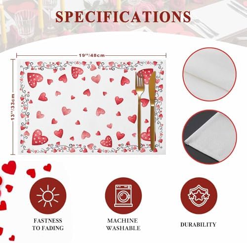 Valentine's Day Placemats Set of 4, Red Love Heart Place Mats Washable Dining Table Mats Wedding Anniversary Party Valentines Decor for Kitchen&Linens Outdoor Indoor, Romantic Pink White