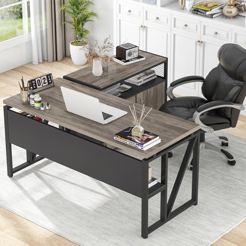 Tribesigns Grey Executive Desk with Cabinet, 55" L Shaped Computer Desk and lateral File Cabinet with Locks, 2 Piece Home Office Furniture Set for Hanging