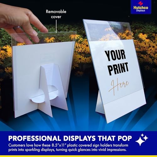 Paper Sign Holder (8.5 x 11 Inches) Plastic Countertop Display w/Shatterproof (No Acrylic) Clear Design & Cardboard Easel Back Tabletop Slant Support for Stackable Lightweight Portable by Hutchco