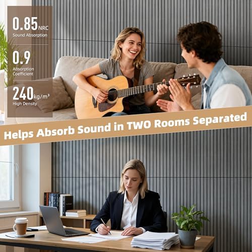 TO-TH Acoustic Panels Wood-Look Sound Proofing Wall Panel 4 Pack, Gray Oak