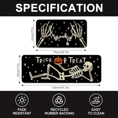 JarThenaAMCS Halloween Kitchen Mats Set of 2, Spooky Skeleton Kitchen Floor Mat Non-Slip Trick or Treat Doormat for Indoor Outdoor Home Party Decor, 17 x 29 & 17 x 47 Inch