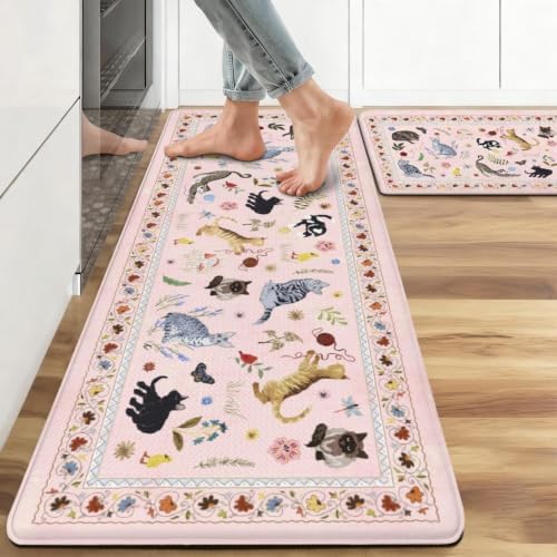 Ghost Black Cat Halloween Kitchen Rugs and Mats Set of 2, (17"x47"+17"x30") Gothic Cute Spooky Season Pumpkin Trick Or Treat Non Skid Washable Runner Rugs for Home Decor Decorations and Accessories