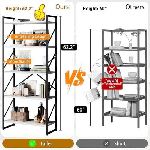 Shintenchi 5 Tiers Bookshelf, Classically Tall Bookcase Shelf,Industrial Book Rack,Modern Book Holder in Bedroom/Living Room/Office, Storage Rack Shelves for Books/Movies,11.8" Dx23.6 Wx62.2 H,White