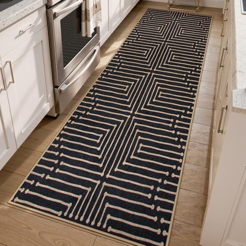 Lahome Maze Lines Washable Kitchen Runner Rug, 2x8 Black Outdoor Runner Rug