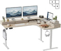 CubiCubi 63x48 Inches L Shaped Standing Desk with 3 Drawers and Monitor Shelf, Height Adjustable Corner Computer Desk with Hooks, Sit Stand Up Ergonomic Home Office Workstation Table, Light Walnut