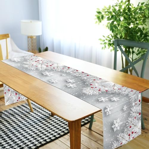 ALAZA Double-Sided Silver Christmas Tree Snowflake Table Runner 18x72 Inches Long,Table Cloth Runner for Wedding Birthday Party Kitchen Dining Home Everyday Decor