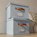 Decorative File Organizer Box Set of 2 - Collapsible Linen Filing Cabinets | Stores Documents and Hanging File Folders - Portable Office Crates with Lid and Handles for Easy Slide Access