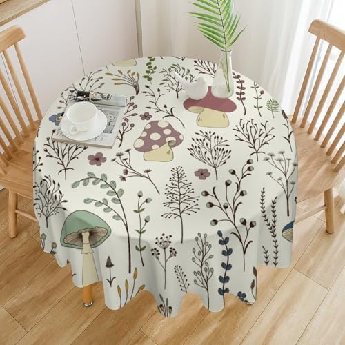 Mushroom Tablecloth, Boho Floral Rustic Wildflower Herbs Plants Colorful Botanical Green Leaves Print Table Cloth for Kitchen Dining Picnic Party Restaurant Decoration, 60x60in