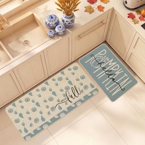 Baccessor Fall Kitchen Rugs Set of 2, Blue Pumpkin Kitchen Mats for Floor Washable Low-Profile Farmhouse Autumn Holiday Home Indoor Outdoor Decor 17x29 and 17x47 Inch