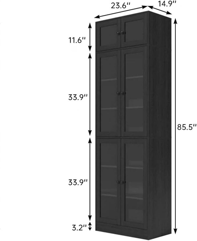 TUSY 85.5" Modern Tall Bookcase with Glass Doors, 7-Tier Wood Bookshelf with Storage for Home Office, Large Curio Cabinet for Living Room, Office, Bedroom, Family Room (Black, A)