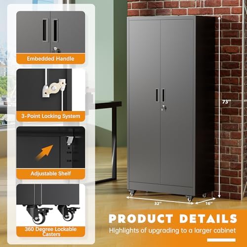 Greenvelly 73" Metal Storage Cabinet with Wheels, Lockable Rolling Metal Garage Cabinets with 2 Doors and 4 Adjustable Shelves, Rolling Tool Cabinet for Garage, Home Office, School