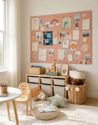 Aothia Felt Bulletin Board Tiles, 12-Pack 48"x36" Large Pin Board for Wall, Modern Cork Board Alternative for Notes, Photos, Memo & Office Organization, 70 Adhesive Tabs & 40 Push Pins, Pink