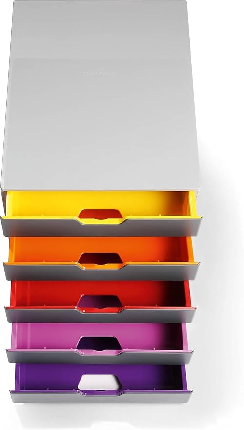 Durable Varicolor 5 Drawer Unit - Gray Desktop Drawer Set with 5 Color Coded Draws - Perfect for Storing Documents and Paper Work