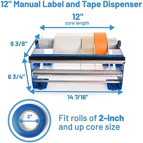 IDL Packaging 12" Manual Label and Tape Dispenser, 2" and Up Core Size, Adjustable Roll Width - Tabletop & Wall-Mounted Multi Roll Holder - Industrial Grade Steel Construction