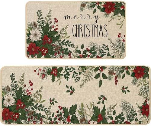 Baccessor Christmas Kitchen Rugs Set of 2, Poinsettia Holly Berry Leaves Kitchen Mats for Floor Hallway Laundry Sink Low-Profile Winter Holiday Home Decor 17x29 and 17x47 Inch